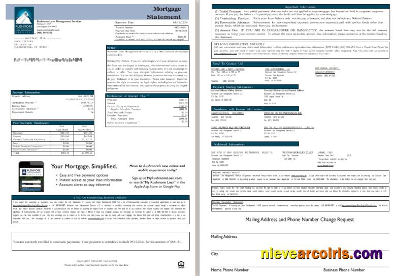 USA California Rushmore Loan Management Services LLC mortgage statement, 3 pages, 1-2